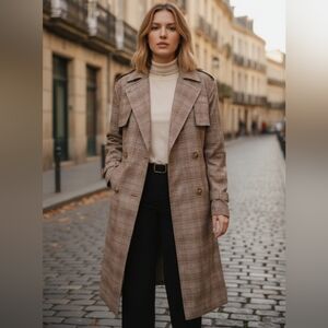 FANCO Plaid Trench-Style Jacket Coat with Pleated Back. Tan Multi Size Medium